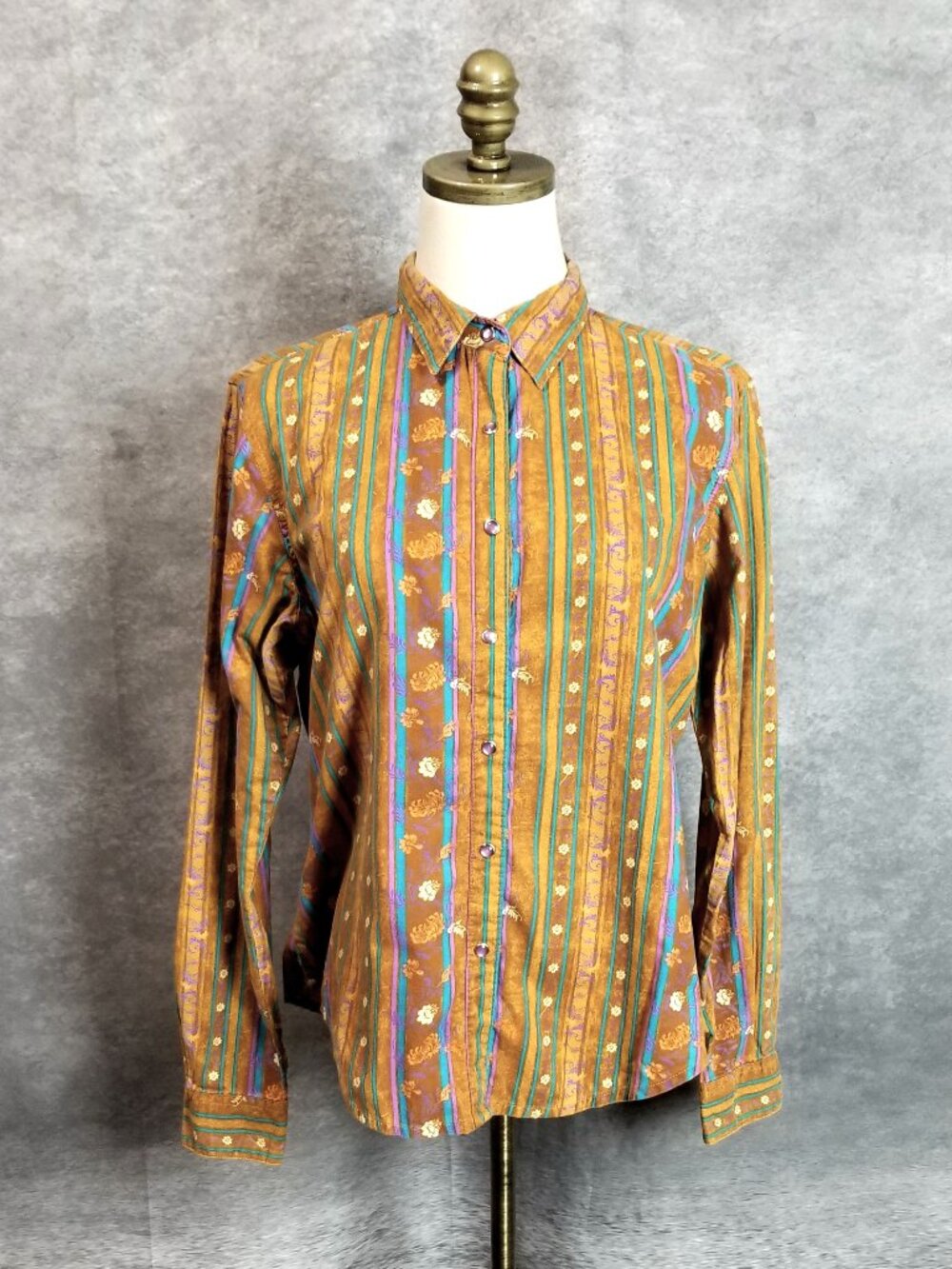 VTG Wrangler Blues Western Shirt Women's Size S Brown Teal Boho Cowgirl Retro